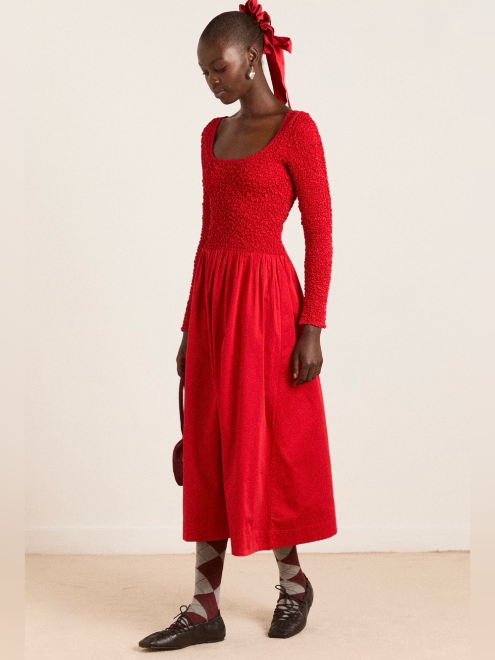 Damson madder Malinda long sleeve super smocked midi dress